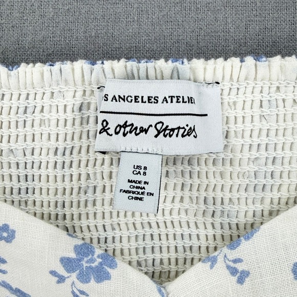 & OTHER STORIES Puff Sleeve Midi Dress Womens 8 White Blue Linen Floral Nap - Picture 14 of 16